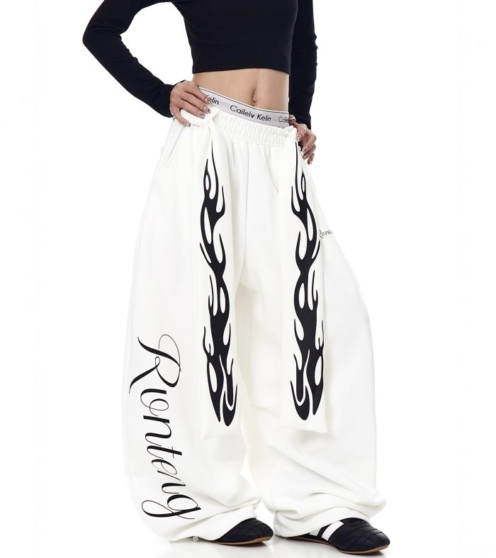 Vintage Flame Print Belted Knife Pants Unisex Autumn New Fashion Streetwear Jazz Dance Loose Wide Leg Pants