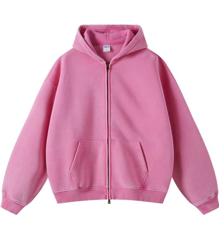 Solid color distressed fleece hoodie loose and versatile washed zipper sweatshirt for men