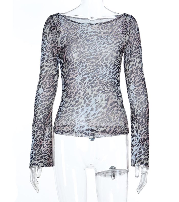 Sexy leopard print mesh slim fit versatile long sleeved top