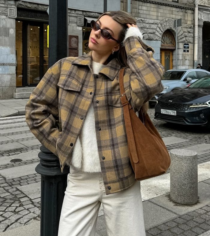 Checkered wool coat women's retro loose woolen coat