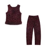 Bead embellished sleeveless faux fur effect hem top Bead embellished bucket pants set