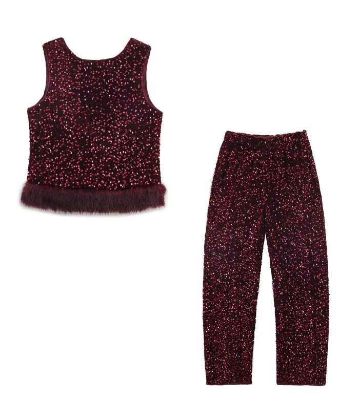 Bead embellished sleeveless faux fur effect hem top Bead embellished bucket pants set