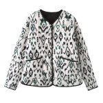 Women's retro collarless pocket printed quilted loose cotton jacket