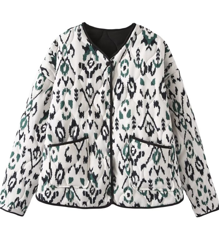 Women's retro collarless pocket printed quilted loose cotton jacket