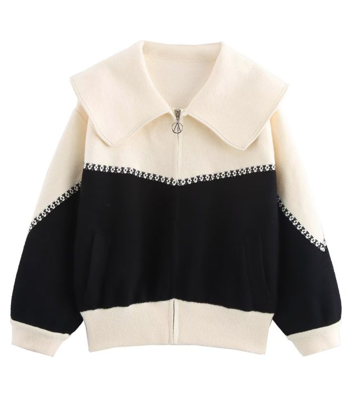 Color blocking collar zipper knitted double-sided cardigan design loose sweater jacket for women