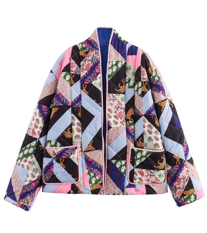 Women's cotton clothing long sleeved printed color blocked cotton clothing jacket women's top