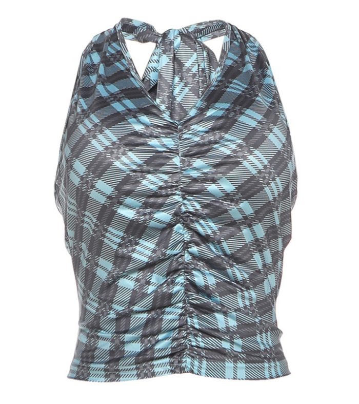 Hanging neck scarf collar backless slim fit retro checkered vest T-shirt