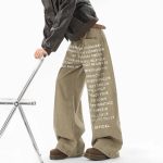 Khaki letter print casual pants, unisex autumn/winter design sense cargo wide-leg pants, loose floor-length pants