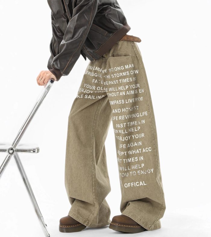 Khaki letter print casual pants, unisex autumn/winter design sense cargo wide-leg pants, loose floor-length pants