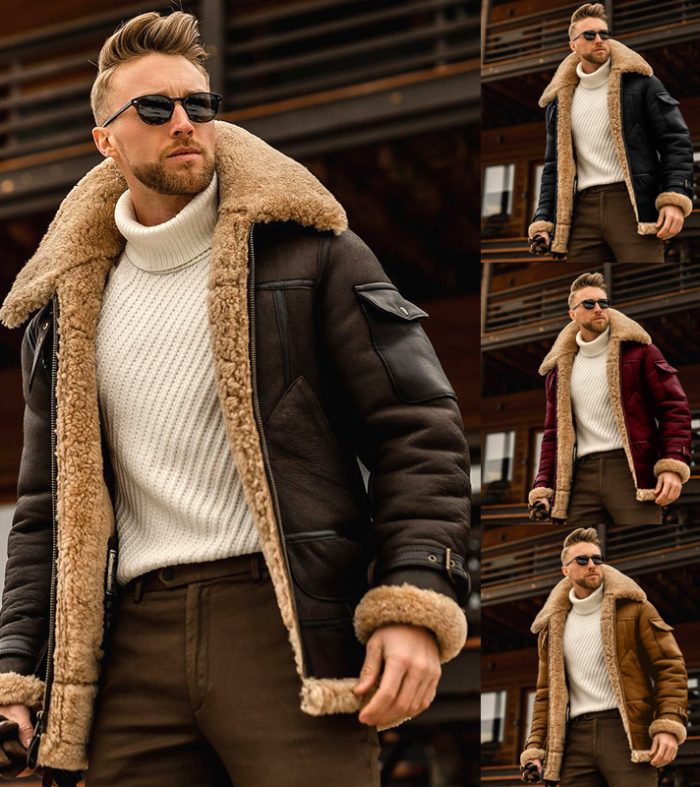 Warm winter men's fur one-piece jacket, thickened faux fur fur jacket