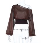 Sexy sloping shoulder long sleeved chiffon loose and versatile top for women