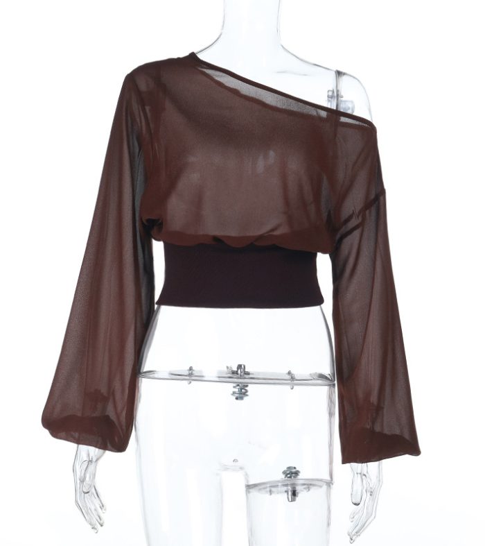 Sexy sloping shoulder long sleeved chiffon loose and versatile top for women