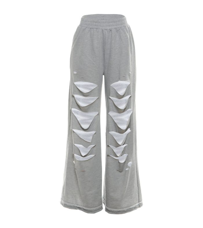 Solid color hole breaking sports casual high waist wide leg pants for women