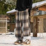 Casual Checkered Wool Pants Men Plus Velvet Thickened Cotton Trousers Youth Loose Wide Leg Pants