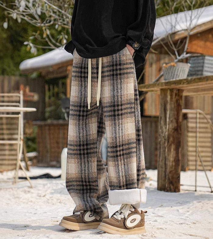 Casual Checkered Wool Pants Men Plus Velvet Thickened Cotton Trousers Youth Loose Wide Leg Pants