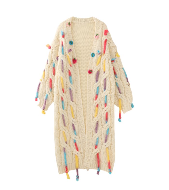 Heavy industry Fried Dough Twists twisted coarse needle hand knitting three-dimensional flower decoration medium length knitting cardigan coat for women