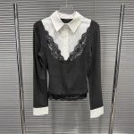 Fake two lace patchwork polo collar long sleeves