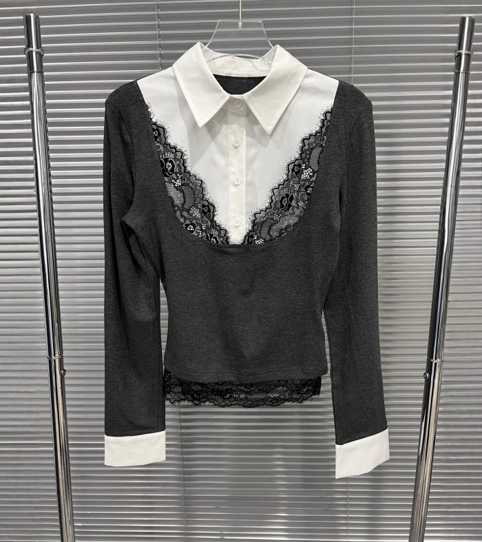 Fake two lace patchwork polo collar long sleeves