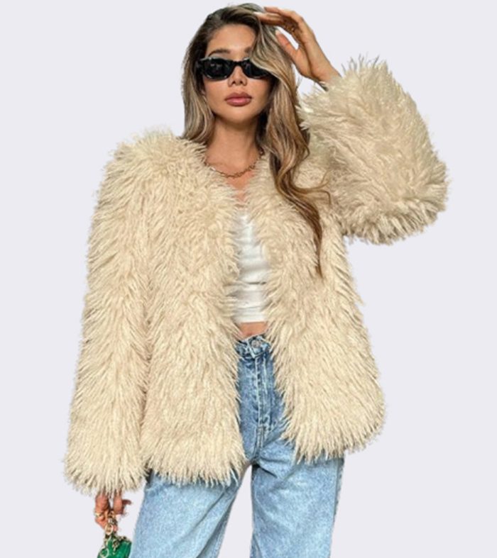 Personalized street elegant faux fur warm jacket with round neck and long sleeves