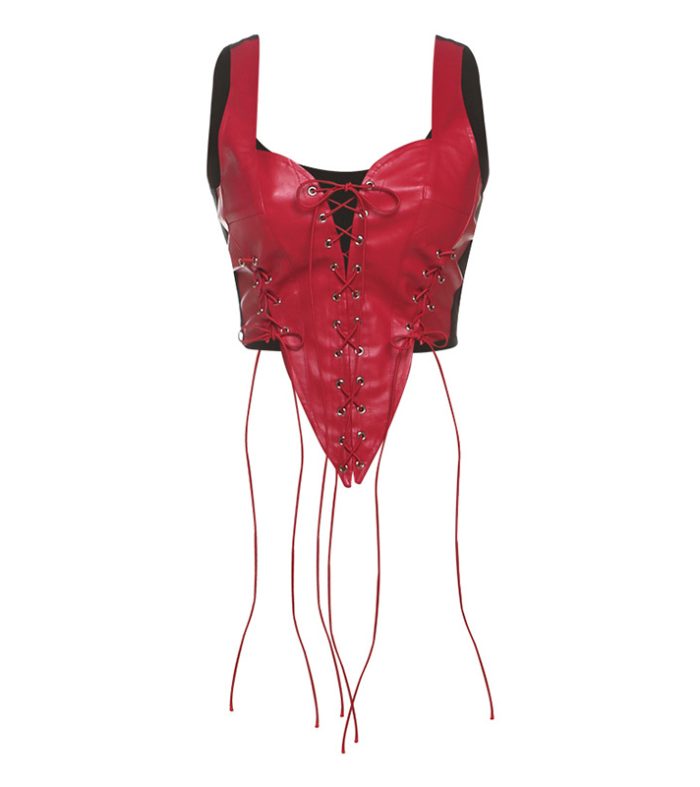 Sexy hollowed out backless contrasting strap PU leather vest