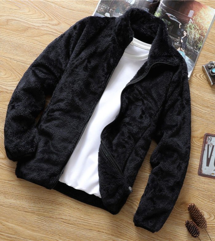 Men's Korean loose autumn and winter jacket, men's standing collar fleece jacket, double-sided fleece top